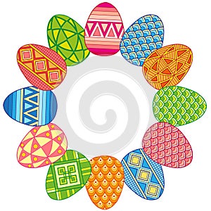 Round frame of bright easter eggs. Vector elements isolated. Background for design of cards to the Easter.