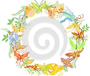 Round frame from butterflies and plants