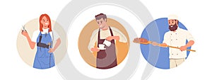 Round frame cartoon icon set with male and female owners of different small business composition