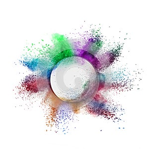 Round frame with colorful powder splash on a white background.
