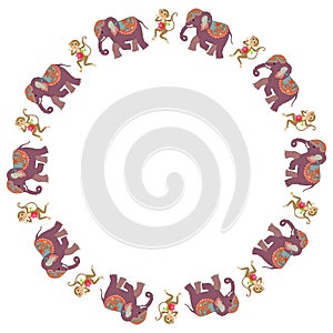 Round frame with cute cartoon elephants and dancing monkeys