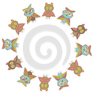 Round frame Cute characters Cartoon owls and owlets birds sketch doodle beige orange blue green red isolated on white background.