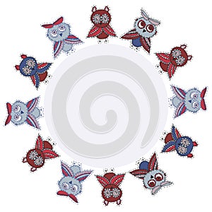 Round frame Cute characters Cartoon owls and owlets birds sketch doodle dark blue red burgundy isolated on white background. Vecto