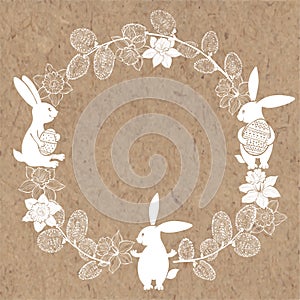 Round frame with cute Easter bunnies, daffodils and willow twigs. Vector illustration on kraft paper.