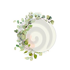 Round frame decorated with watercolor eucalyptus branches