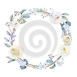 Round frame with delicate white roses and snowberry branches. Floral wreath with flowers, berries, leaves and herbs isolated on