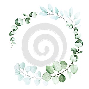 Round frame of eucalyptus leaves. graphic design element for weddings, cards, decoration.