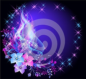 Round frame with fantasy flowers, glowing fairytale stars and wavy smoke. Abstract fantastic blue background