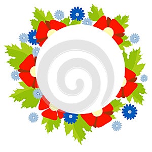 Round frame with floral pattern of decorative red poppies and blue cornflowers with a white spot in the center. Vector