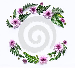 Round frame of flowers. Floral Template for wedding or greeting card on a white background. Copy space