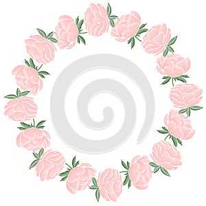 Round frame with flowers. Peonies in a circle, vector. Template for a greeting card or invitation. Delicate floral