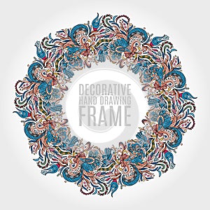 Round frame of flowers and some floral elements. Nice soft colors. Hand draw illustration. Greeting card.