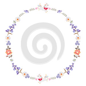 Round frame with funny unicorns, little birds, flowers and leaves isolated on white background. Greeting or invitation card