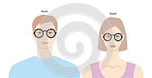 Round frame glasses on women and men flat character fashion accessory illustration. Sunglass front view silhouette