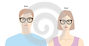 Round frame glasses on women and men flat character fashion accessory illustration. Sunglass front view unisex