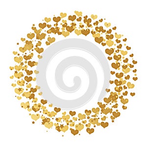 Round frame with gold confetti hearts, stars and circles isolated on white background.