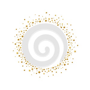 Round frame with gold confetti stars and circles isolated on white background.