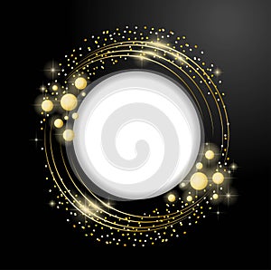 Round frame with gold sparks and glitter. Vector illustration