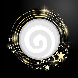 Round frame with gold stars and glitter. Vector illustration