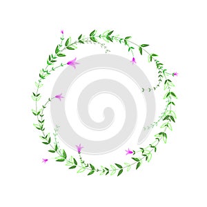 Round frame with green foliage and pink flowers. Delicate design element. Vector floral illustration. Design template for logo,