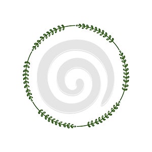 Round frame of green twigs with leaves. Design template for logo, invitation, greetings, jewelry, necklace, chain. Laconic stylish