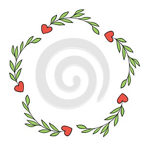 Round frame heart with green leaves branch devider border for love valentine card design photo