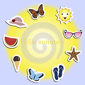 Round frame Hello to summer with cute summer stickers on a blue