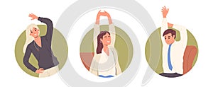 Round frame icons set with office people doing physical exercises to get rest and stress relief