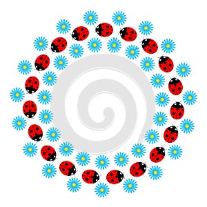 Round frame with ladybugs and blue flowers