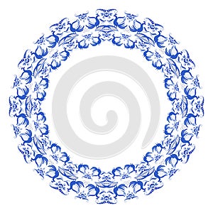Round frame with light blue pattern of flowers and birds in gzhel style.