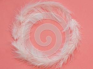 Round frame of light white feathers on pink background. Design in delicate and cute style