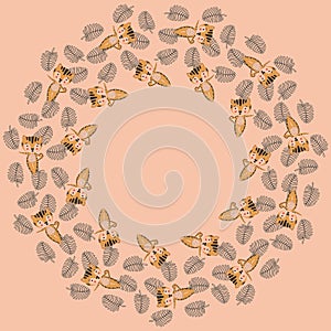 A round frame of little funny cartoon tiger cubs in Vasishthasana asanas and black contour palm leaves on a pinkish beige backgrou