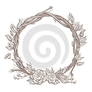 Round frame made of branches with roses and flower buds. Decorative outline element for design work in the boho style