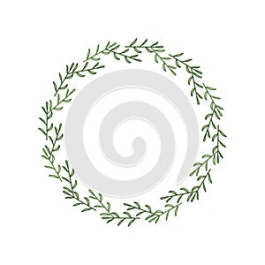 Round frame made of contour green twigs and leaves. Elegant wreath in linear style. Decorative doodle border for logo, invitations