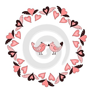 Round frame made of flying hearts. In the center are two lovers kissing birds