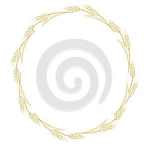 Round frame made of golden outline wheat or rye ears. Vector autumn wreath, border