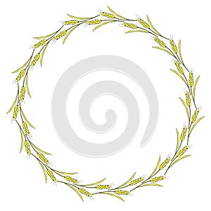 Round frame made of golden wheat or rye ears. Vector autumn wreath, border on white background