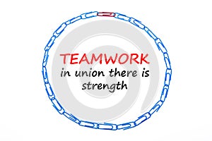 Round frame made of office clips isolated over the white background. Teamwork in union there is strength