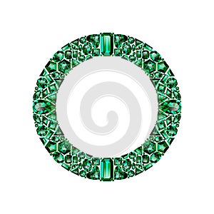 Round frame made of realistic green emeralds with complex cuts