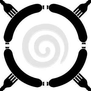 Round frame made of sausages and forks. Food theme. Vector illustration and drawing with blank background inside.