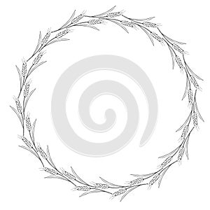 Round frame made of wheat or rye ears. Vector autumn wreath, border hand drawn in Doodle style, black outline