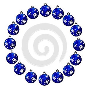 Round frame is made of Xmas tree balls. New Year and Christmas wreath, background and border. For greeting cards, photo, holiday