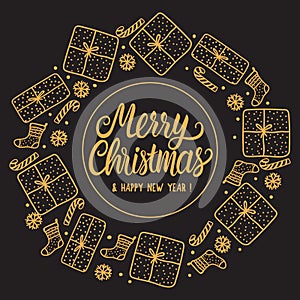 Round frame Merry Christmas with gold Lettering inscription. Hand drawn Gift box and santa sock on dark background.