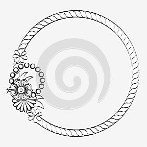 Round frame with monochrome flowers, pots and leaves