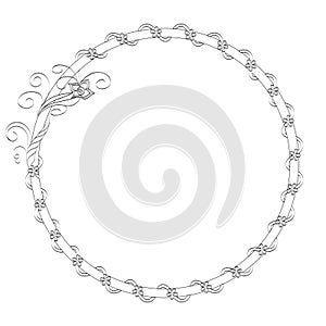 Round frame with monochrome ribbon and grey flowers