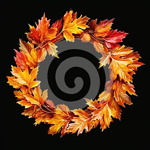 Round frame with orange and yellow maple leaves. Autumn wreath