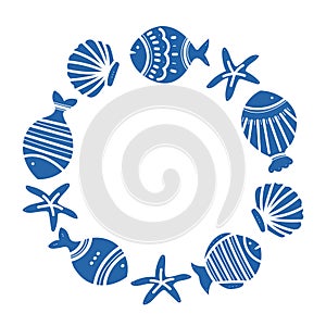 Round frame of ornamental fish pattern. Frame with decorativ blue fish. Summer sea beach style