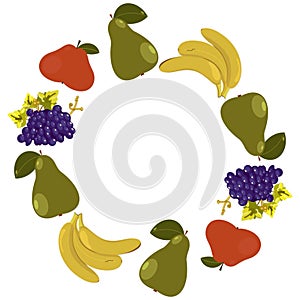 round frame of pear, apple, banana branch and blue grapes illustration on a white background