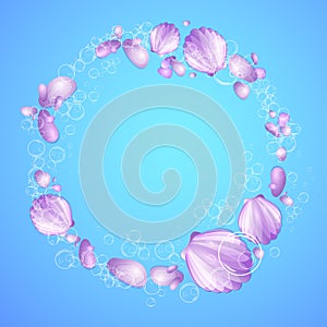 Round frame for photo or text made of seashells, pebbles and air bubbles on a blue background.