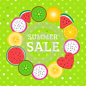 Round frame with pieces of tropical fruits Summer SALE. Vector Kiwi, watermelon, banana, dragonfruit